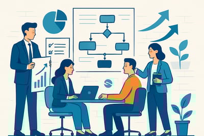 Ilustración de consultores empresariales trabajando en la optimización de procesos y crecimiento estratégico. Ilustración de consultores empresariales trabajando en la optimización de procesos y crecimiento estratégico.