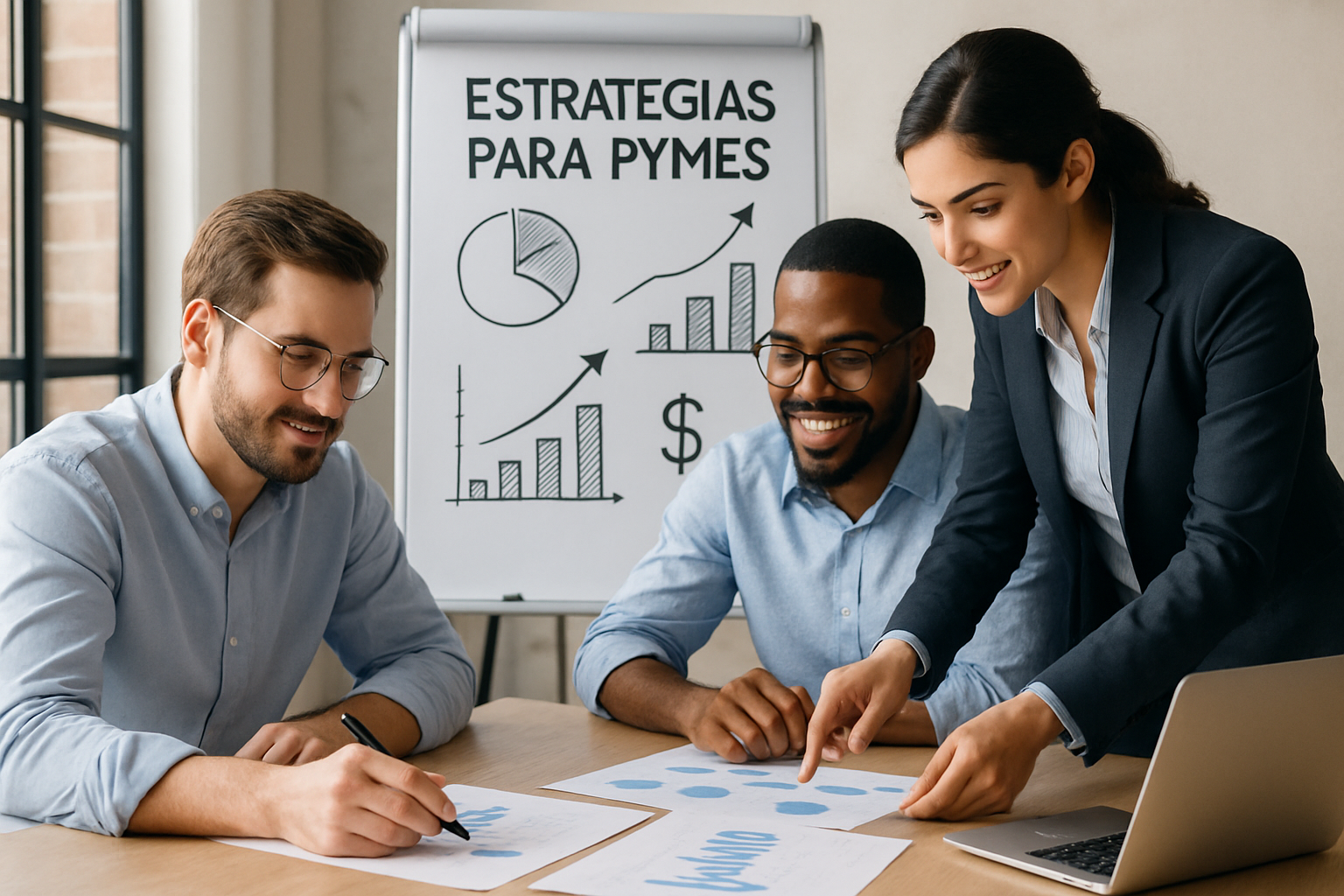 Equipo de consultores trabajando en estrategias para PYMES